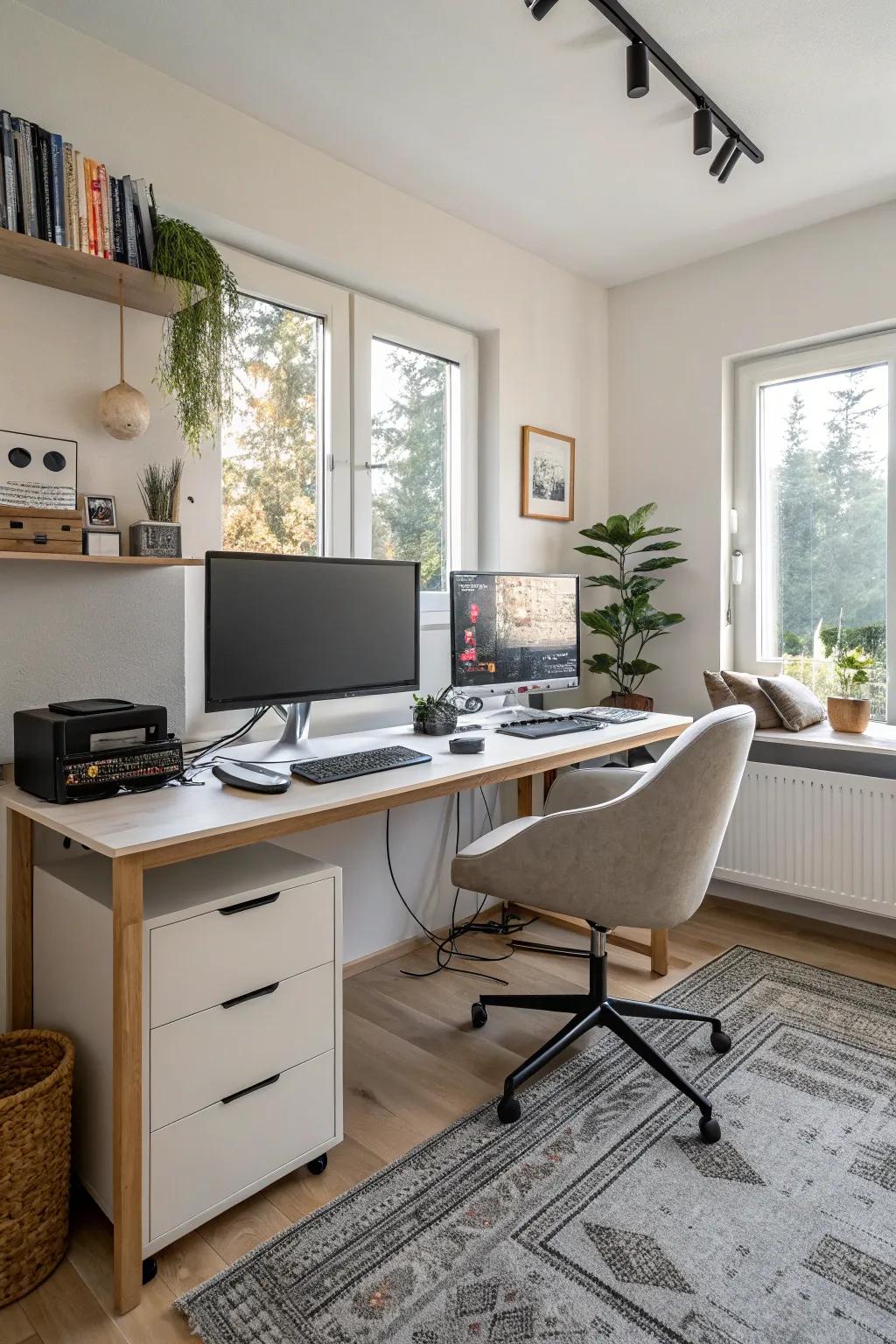 Organized cables and tech setup boost workspace efficiency.