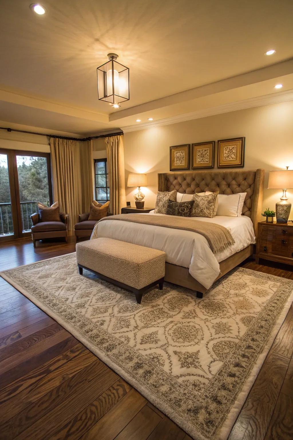 Rugs create cozy, defined zones in a large bedroom.