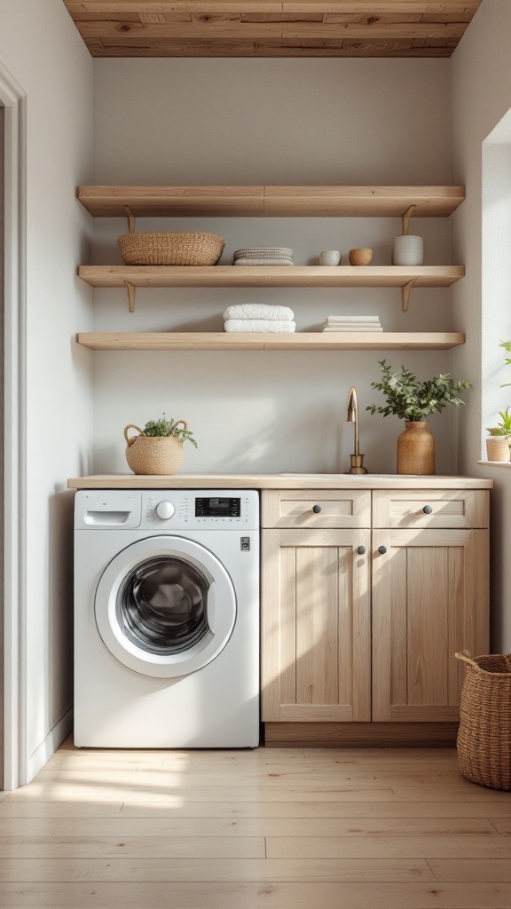 A modern laundry room featuring minimalist wooden shelves and cabinetry with a washing machine.