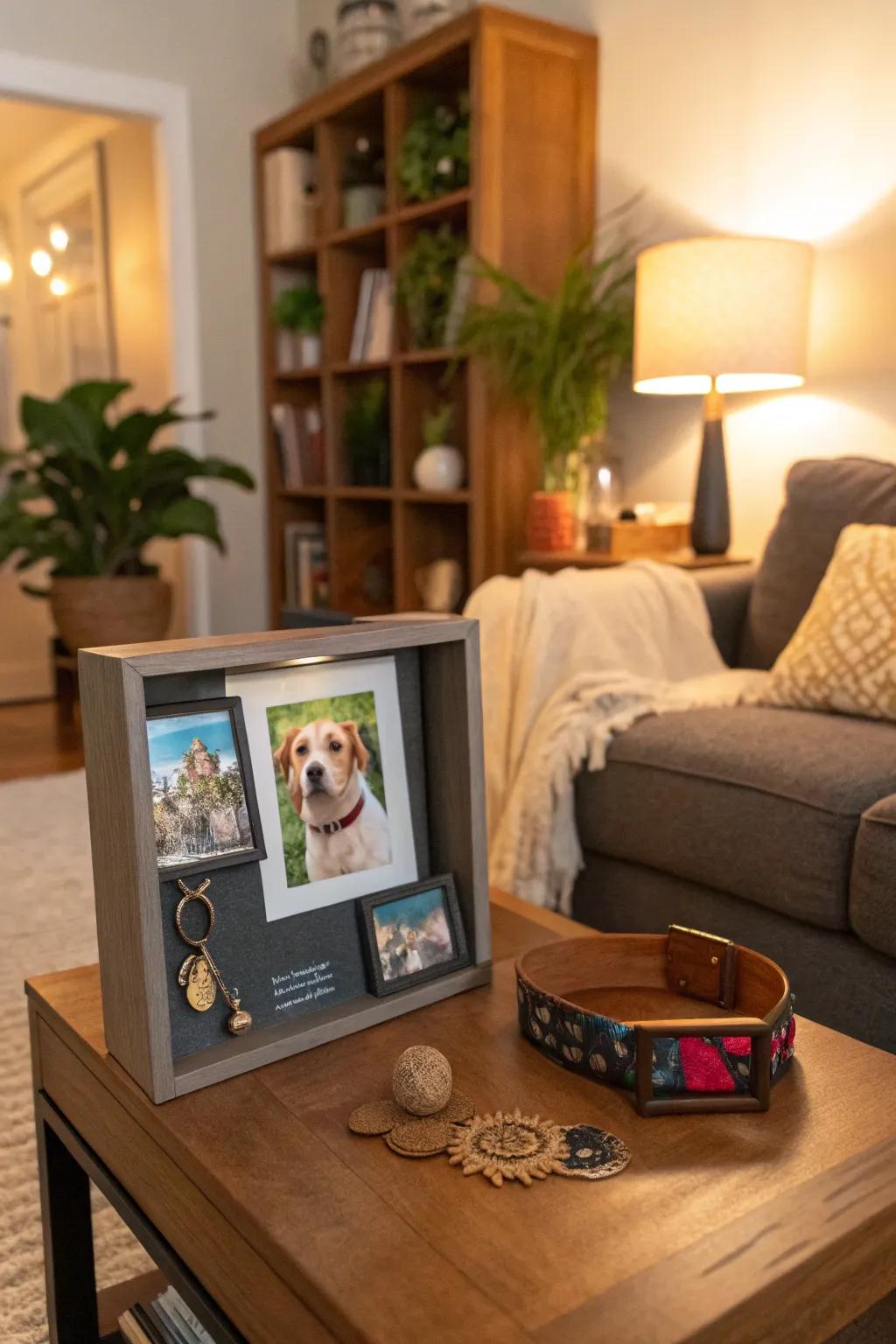 A pet tribute shadow box celebrating a beloved furry companion.