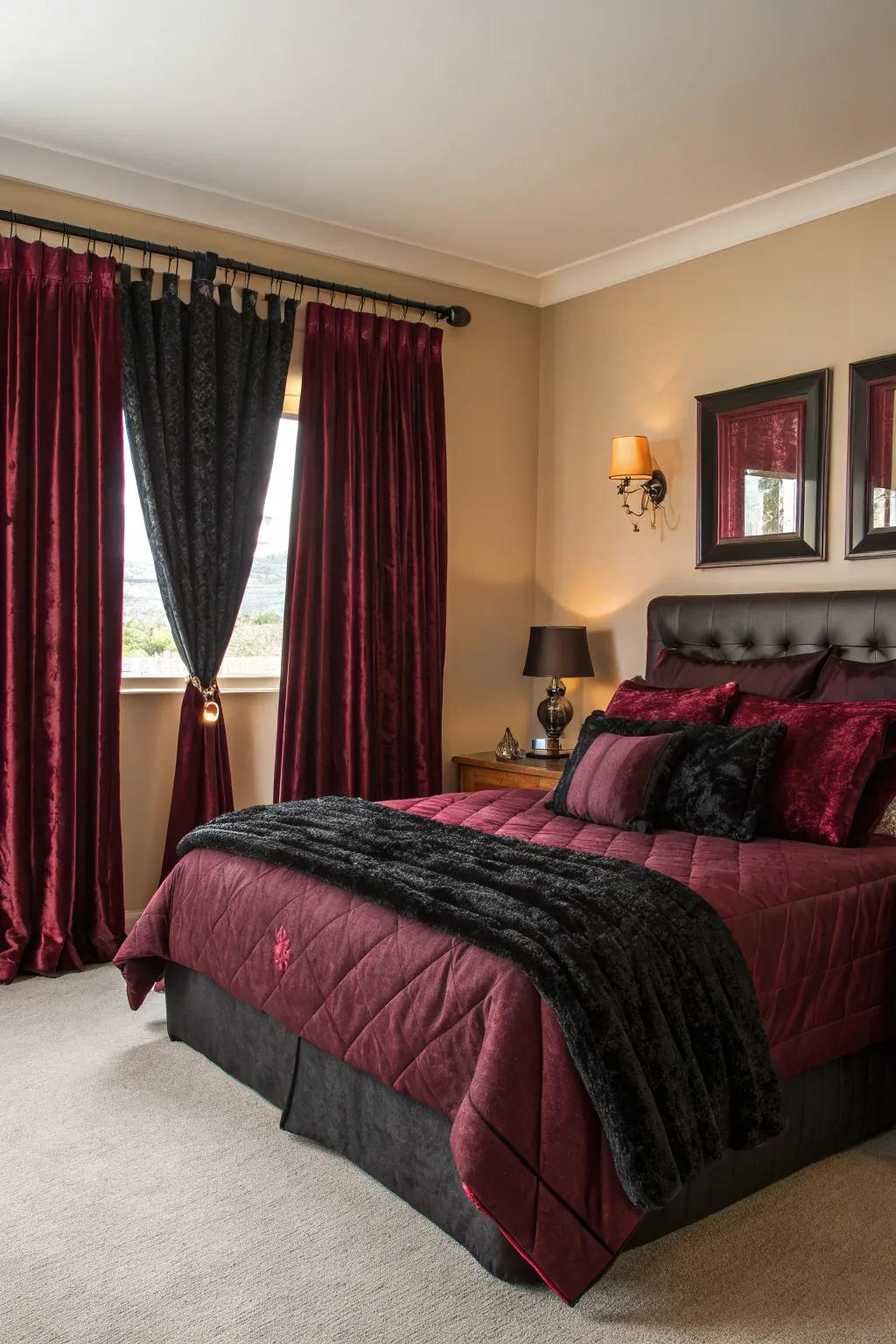 Black and burgundy window treatments add style and privacy.