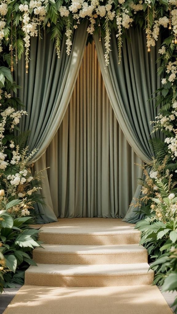 Wedding ceremony decorated with sage green drapes and golden floral accents.