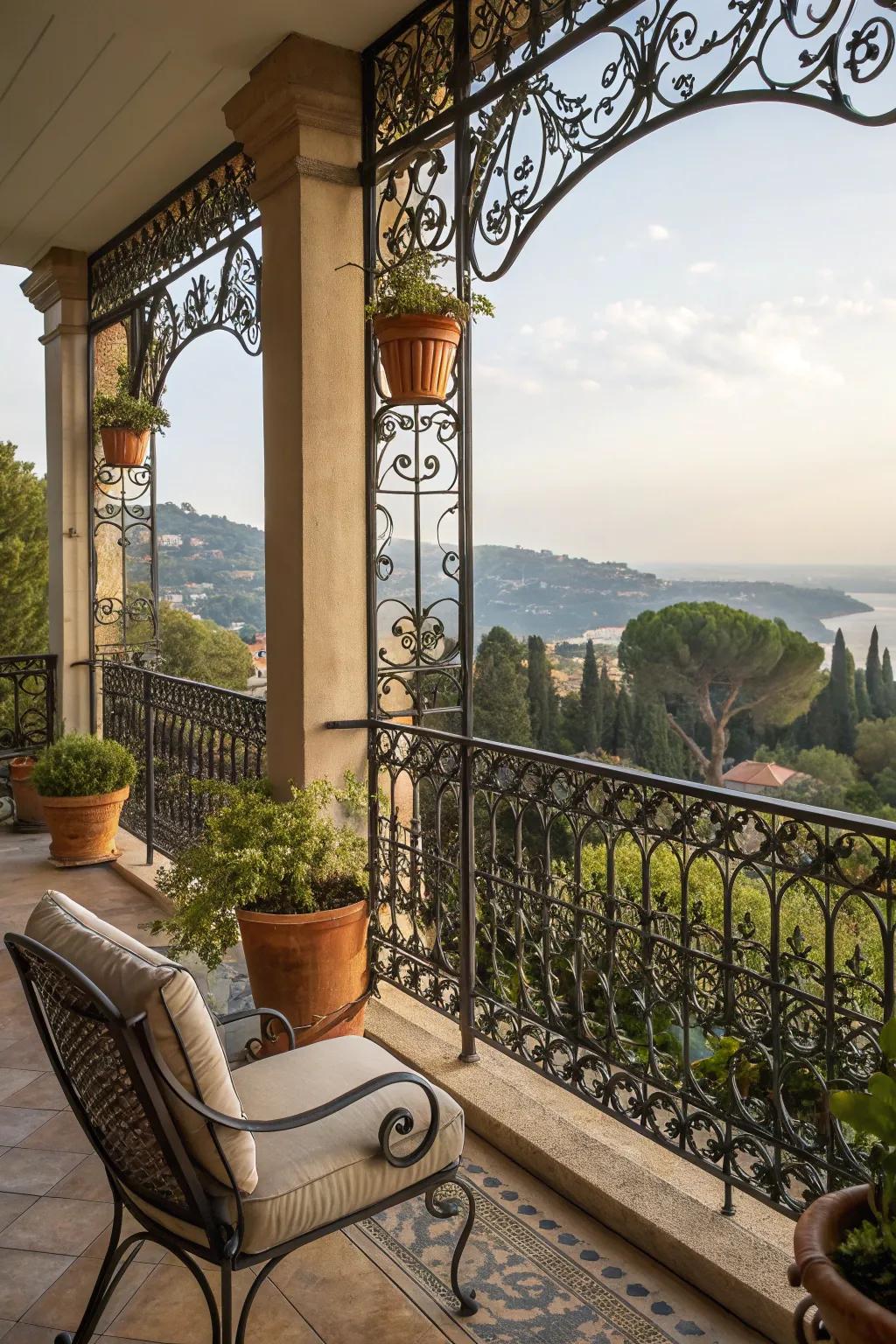 Decorative wrought iron railings framing a balcony.