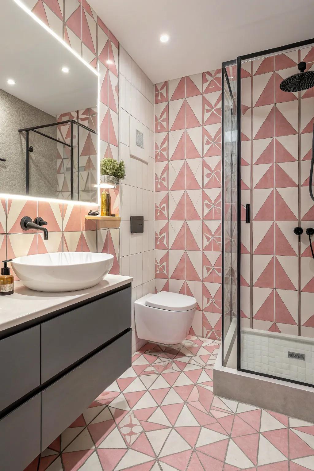 Geometric pink bathroom tiles