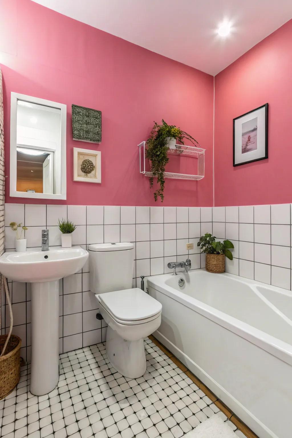 Bold pink accent wall in bathroom