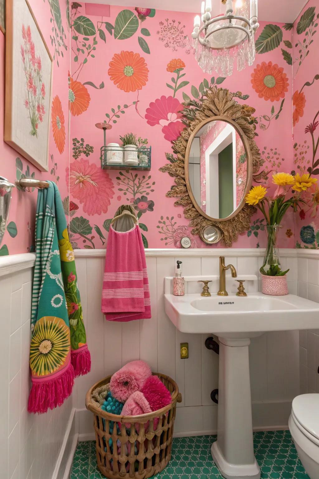 Pink patterned wallpaper in bathroom