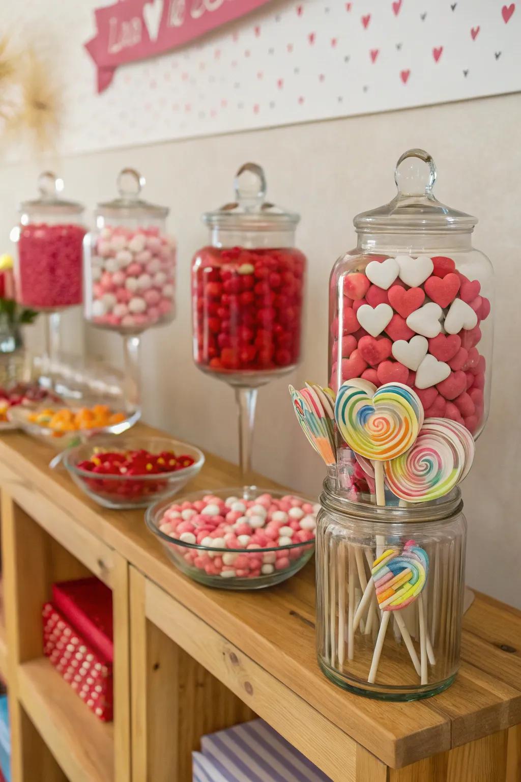 Delightful candy corner filled with Valentine's treats.