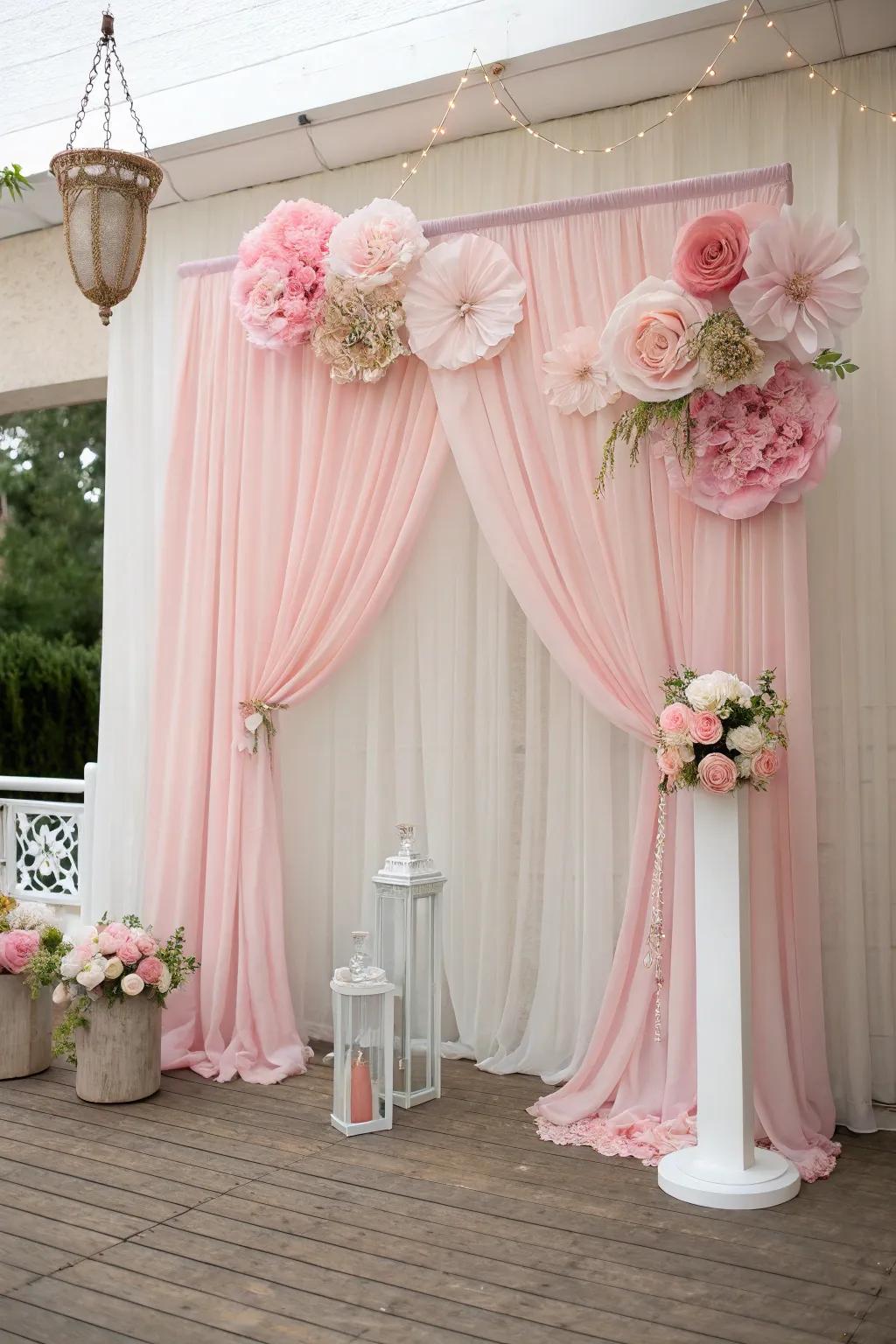 Soft, dreamy romantic backdrop with fabric and flowers.