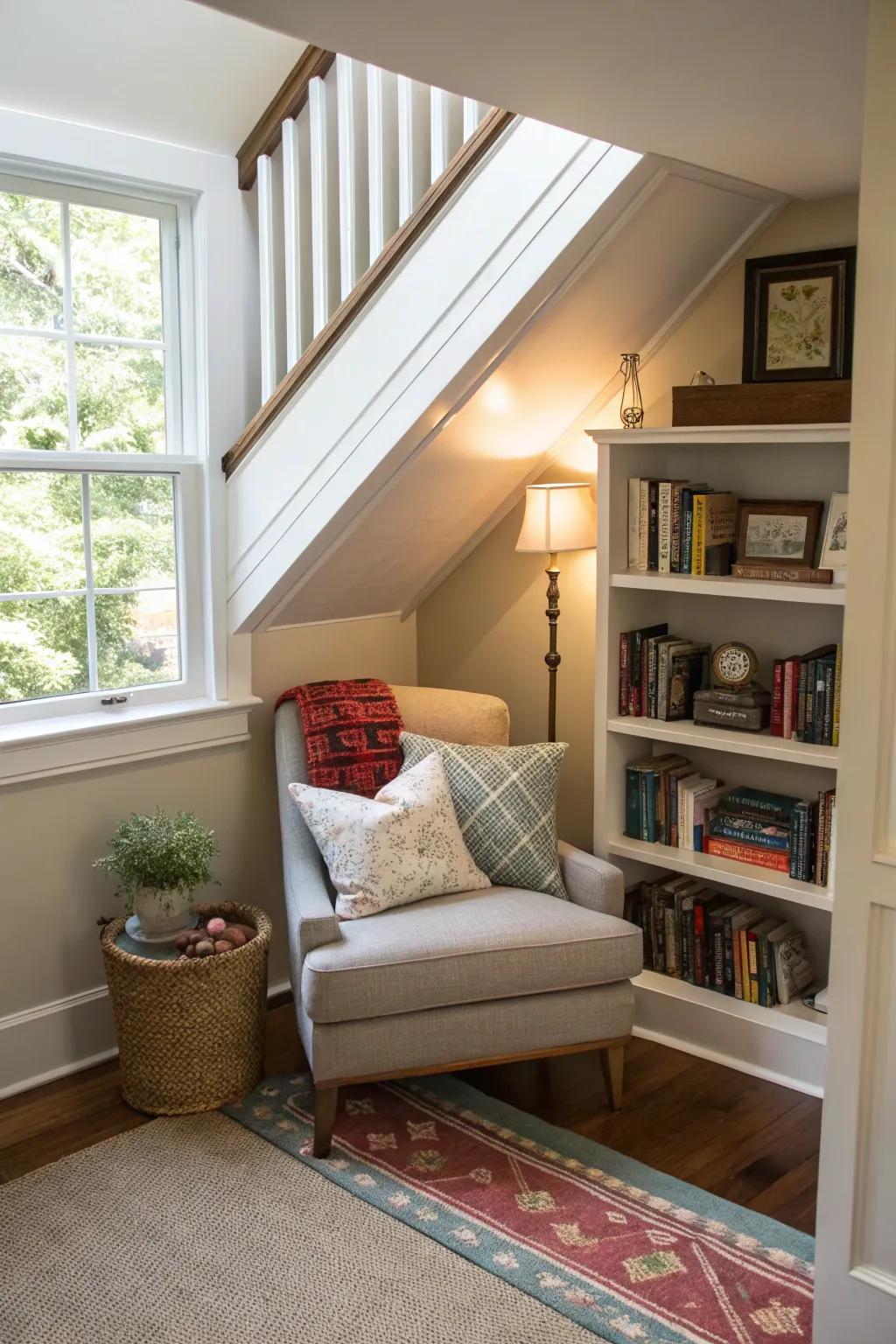 Cozy reading nook under stairs