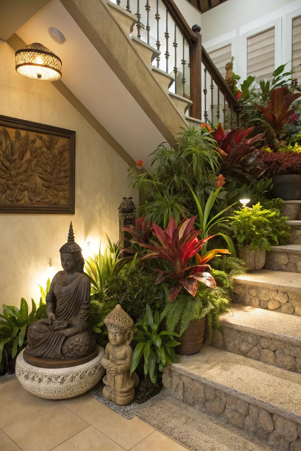 Decorative art and plants under stairs