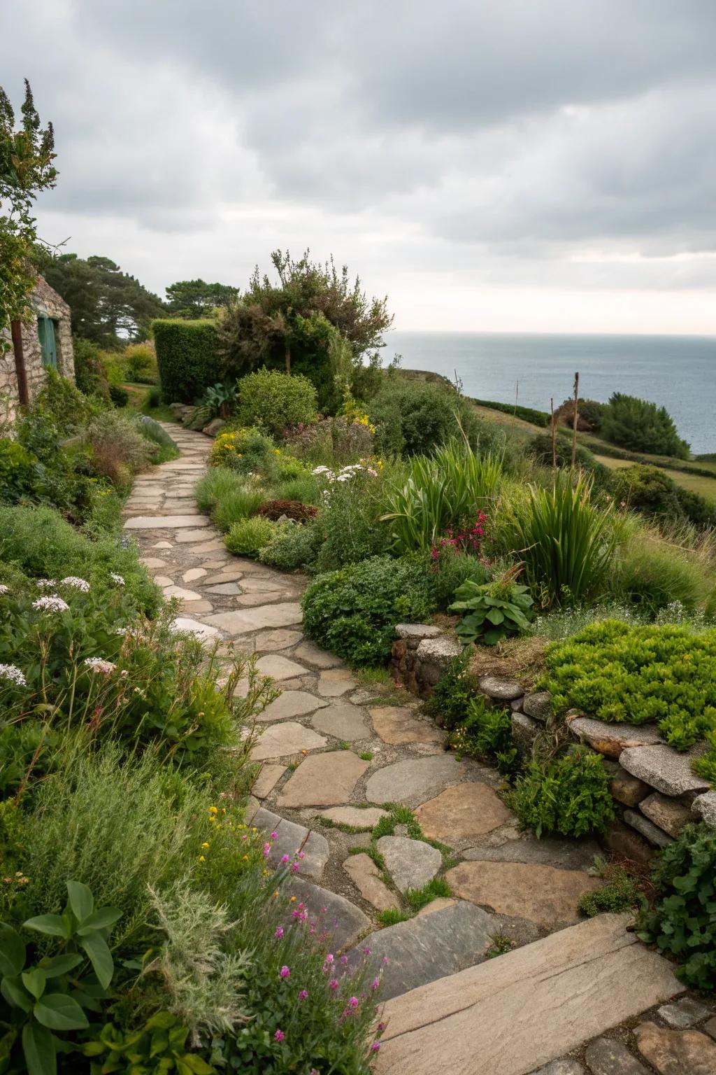 Using local stones harmonizes coastal garden design.