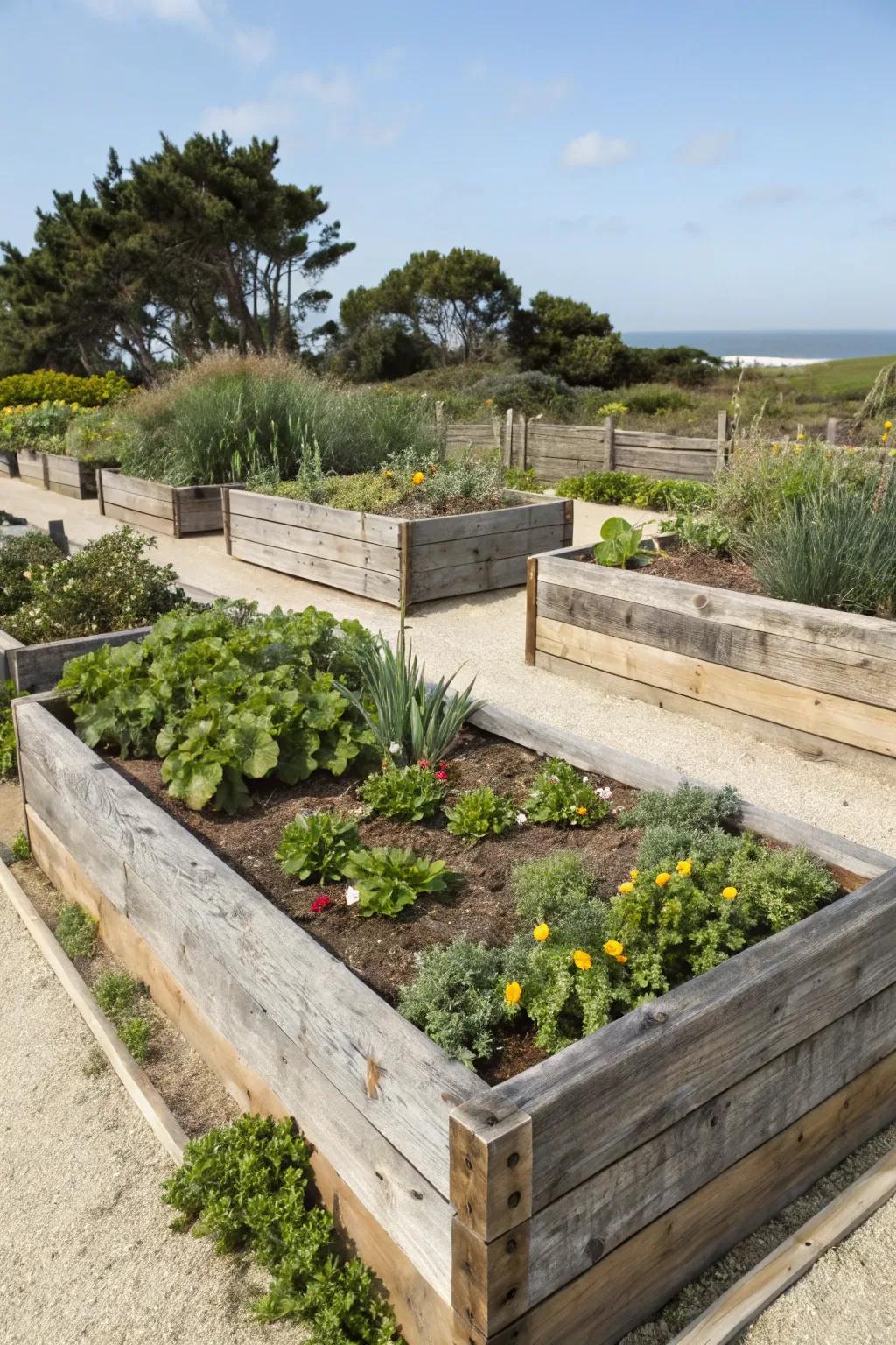 Raised beds provide structure and style in coastal gardens.