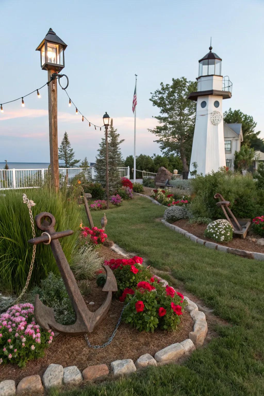 Nautical accents enhance coastal garden charm.