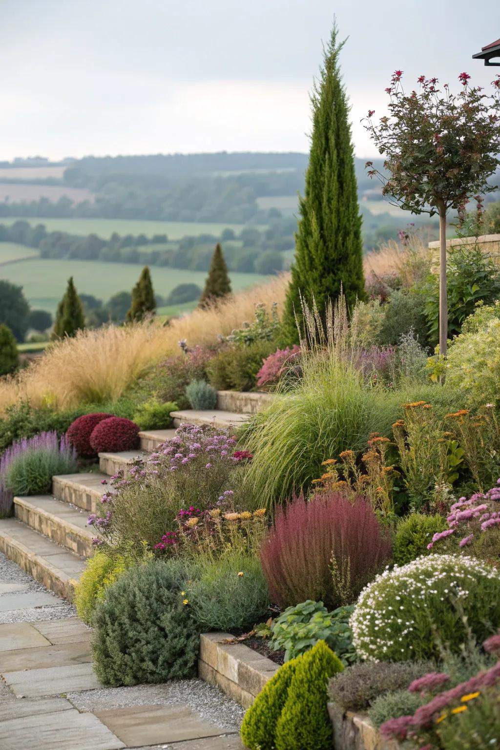 Layered planting adds dimension and richness to coastal gardens.