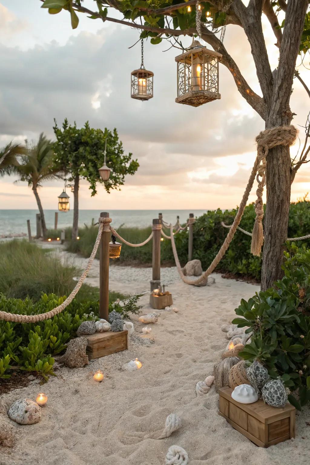 Beach-themed decor like ropes and lanterns evoke coastal charm.