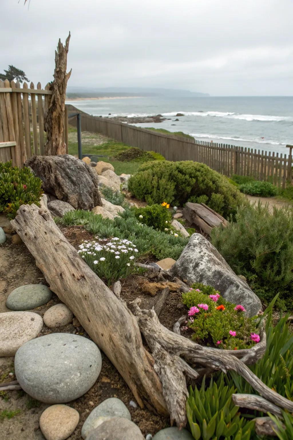 Rustic materials like driftwood add character to coastal gardens.