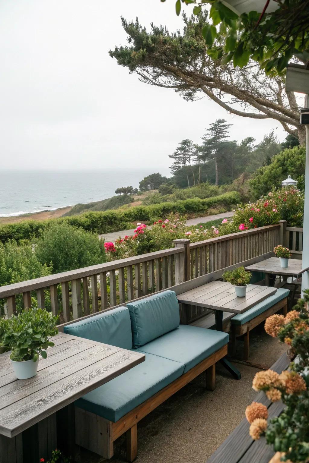 Outdoor seating areas offer relaxation in coastal gardens.