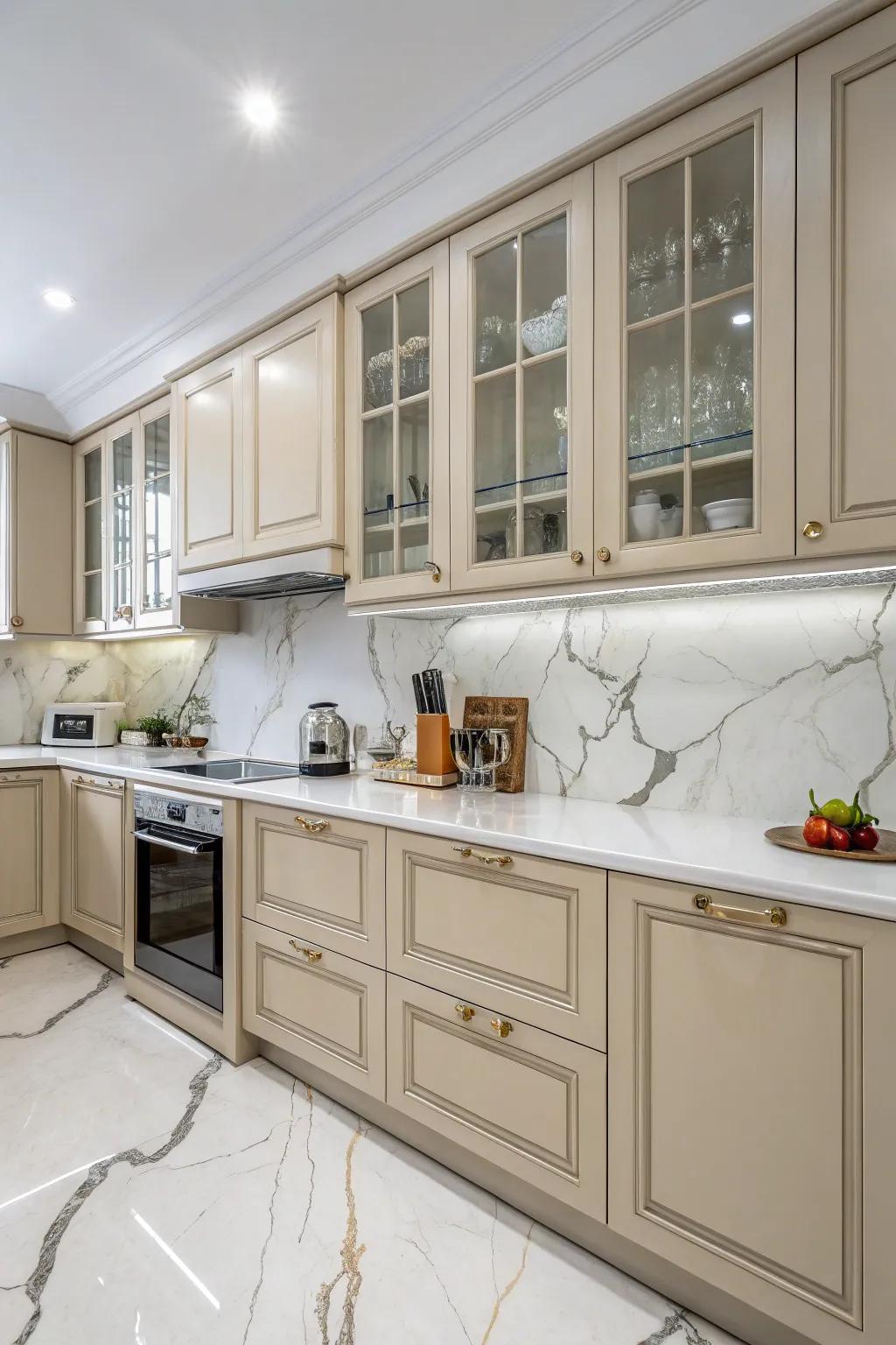 Marble countertops add sophistication and texture.