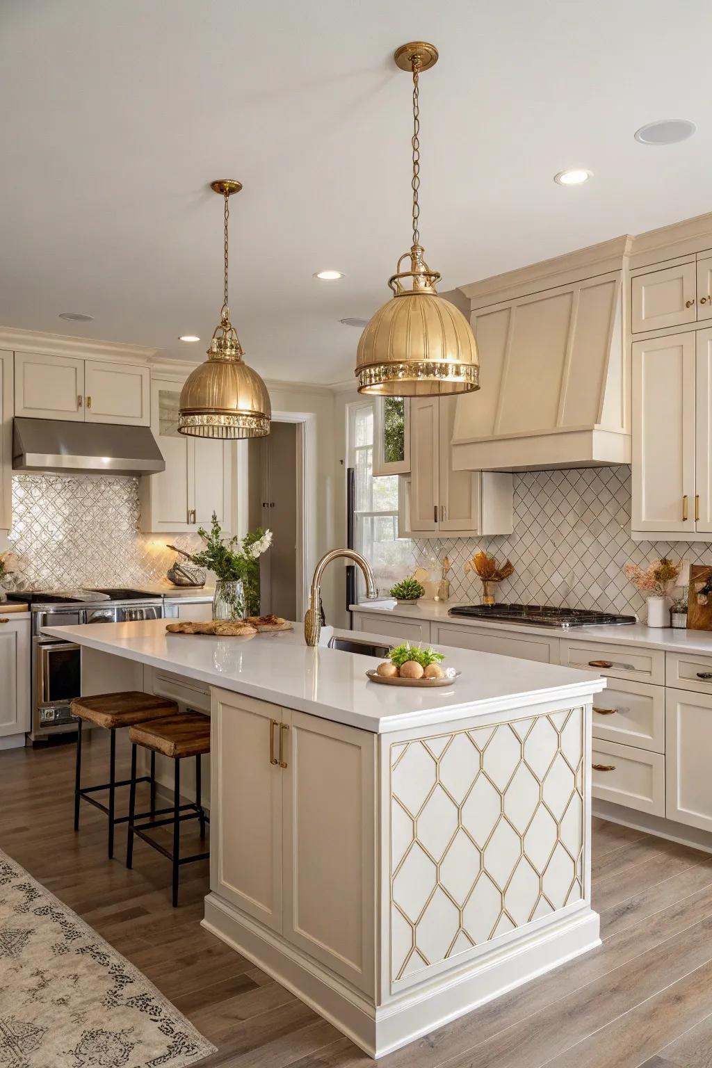 Brass pendant lights add warmth and style.