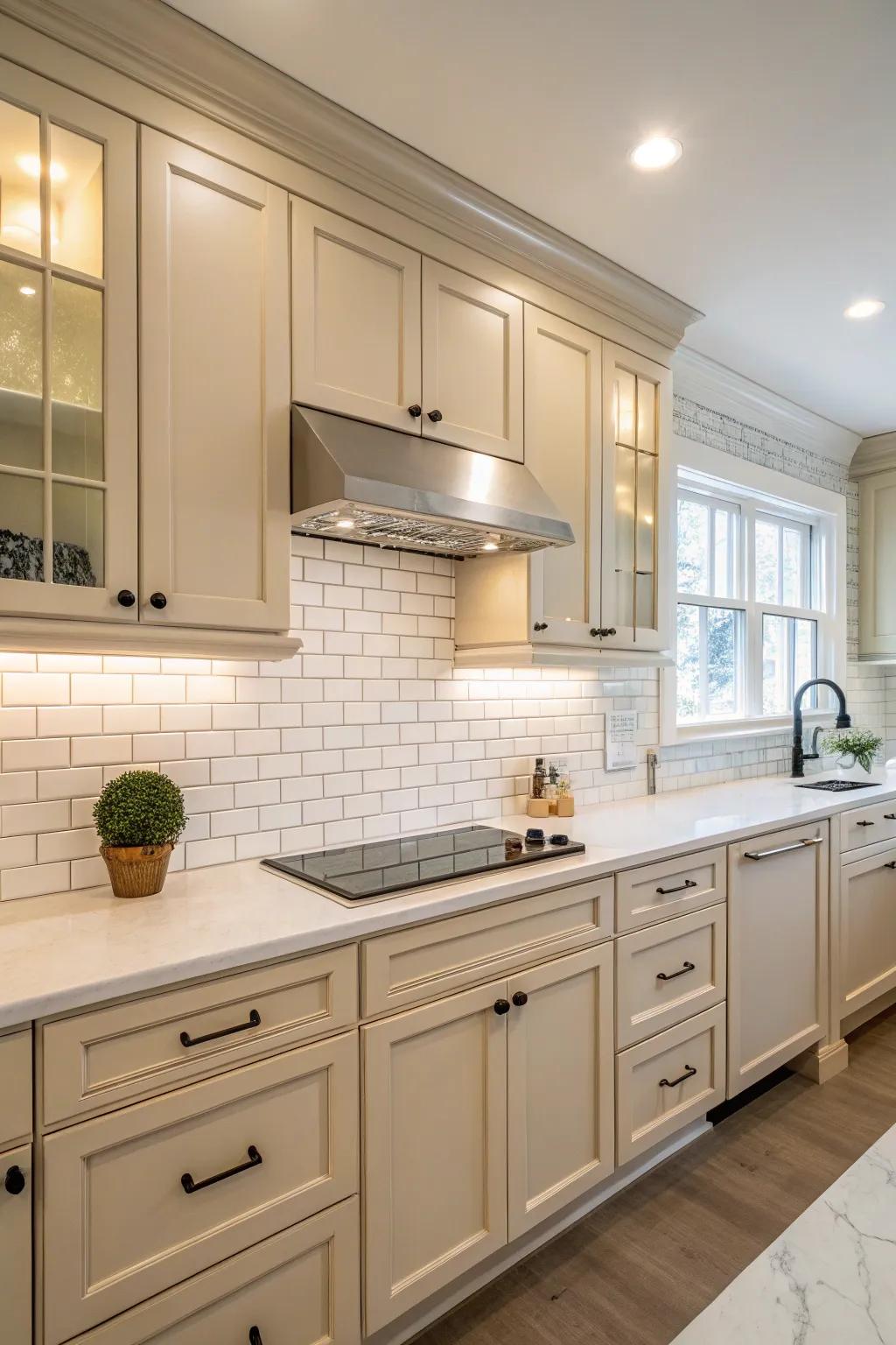 White subway tile backsplash brightens beige kitchens.