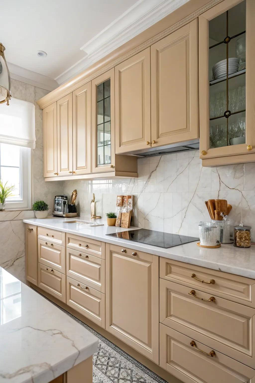 Warm beige cabinets complement white countertops beautifully.