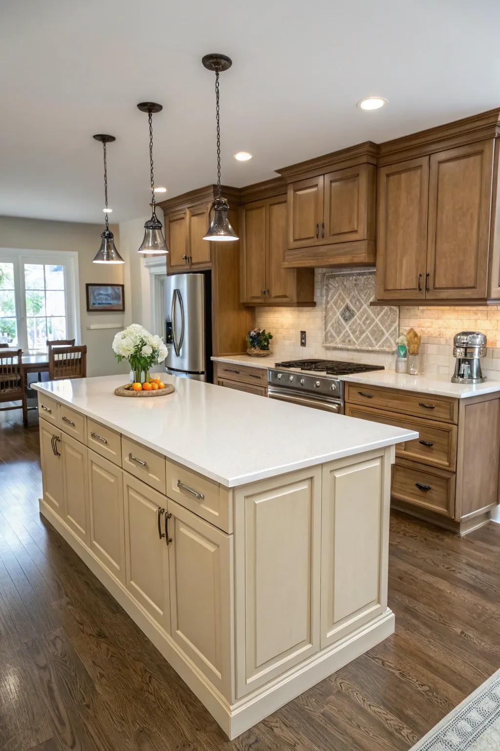 A beige island serves as a stunning kitchen centerpiece.