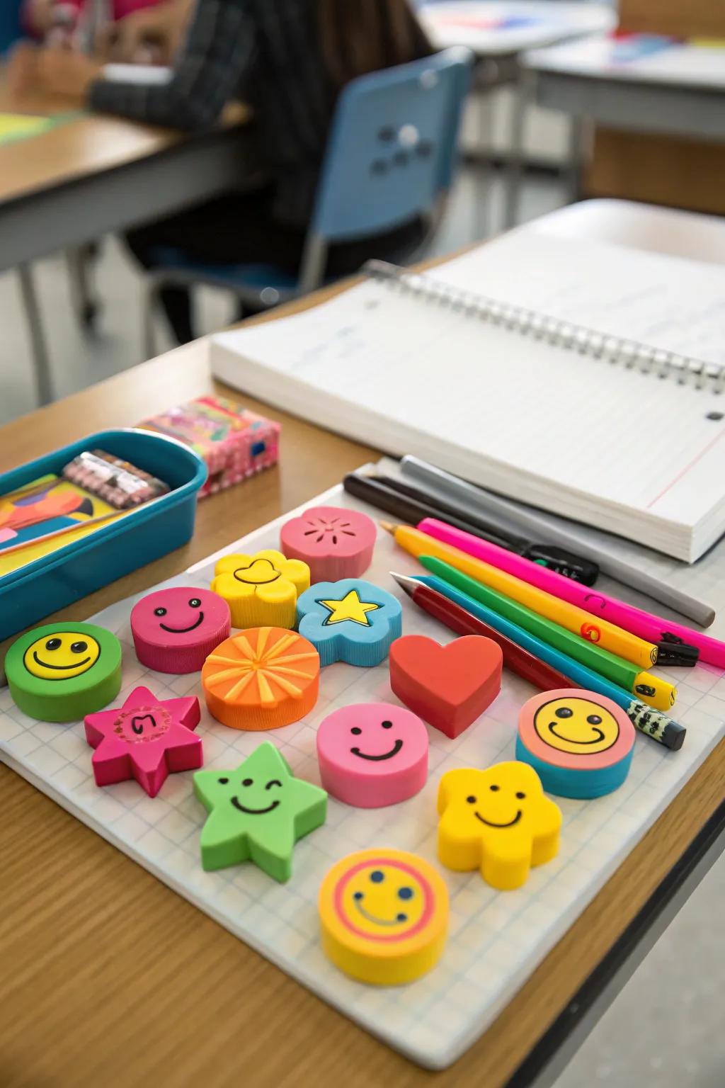 Fun-shaped erasers for Easter eggs.