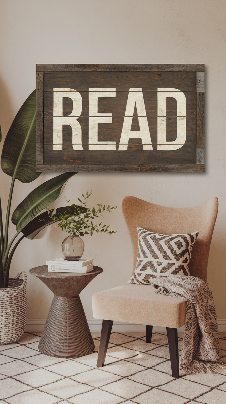 A cozy reading corner featuring a sign that says'READ', a stylish chair, and a small table with books and a plant.