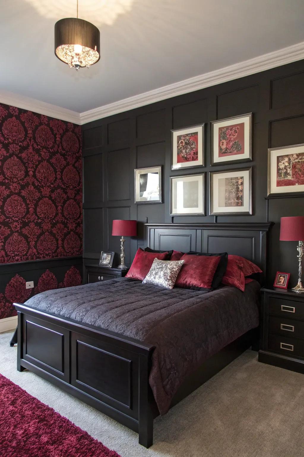 Wall art with coordinating colors unites your black and burgundy bedroom design.