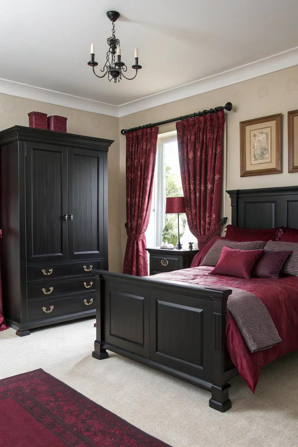 Pairing black furniture with burgundy accents creates a modern, cohesive look.