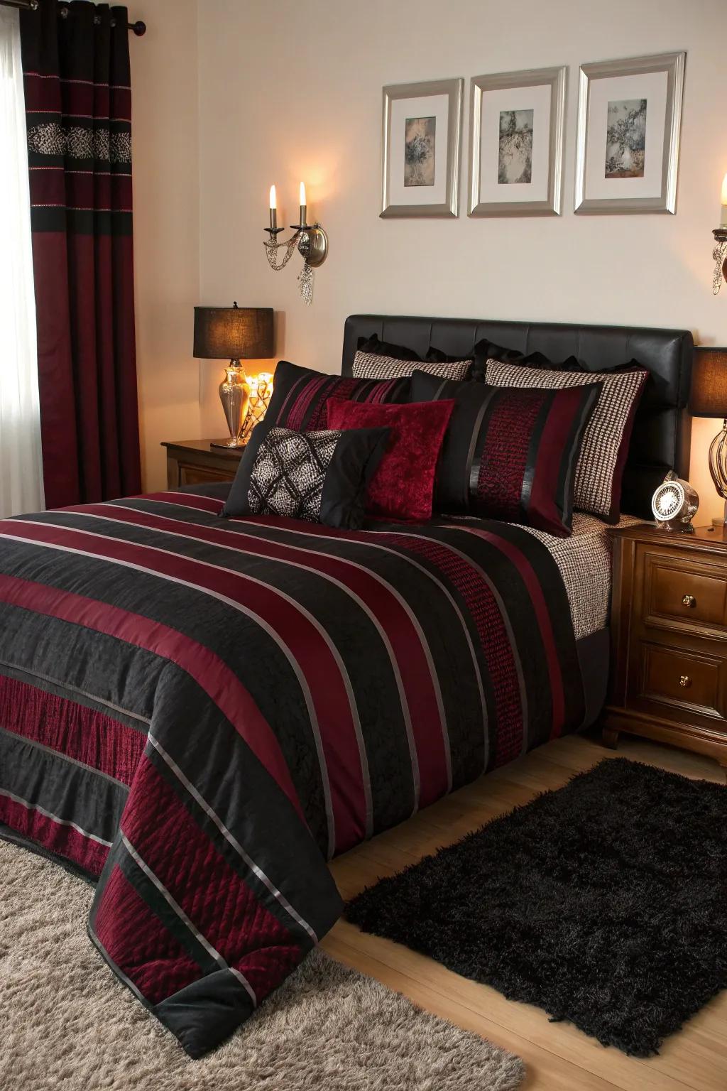 Striped patterns add a playful yet sophisticated contrast to your bedroom.