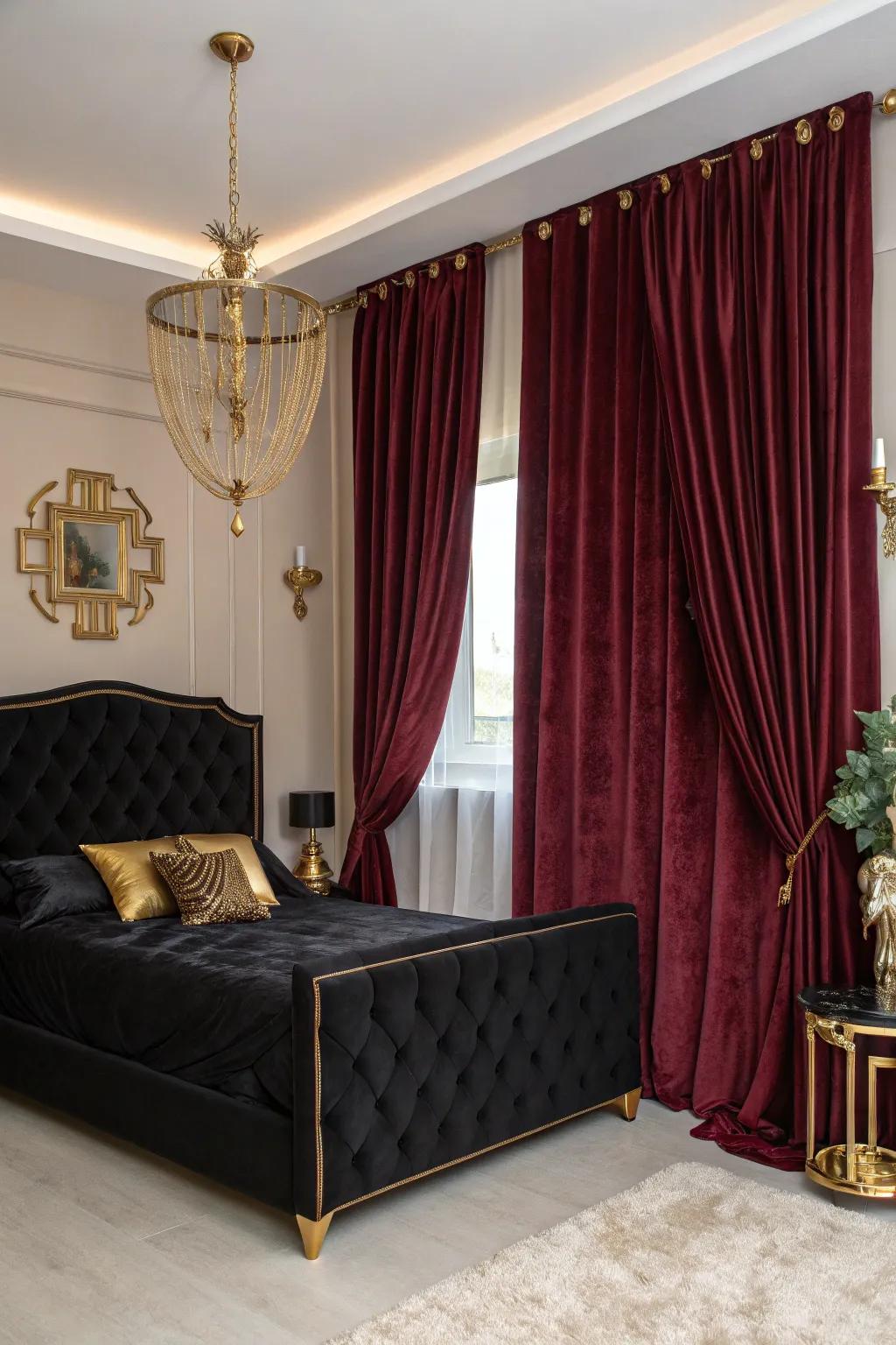 Burgundy velvet curtains bring elegance and warmth to your bedroom decor.