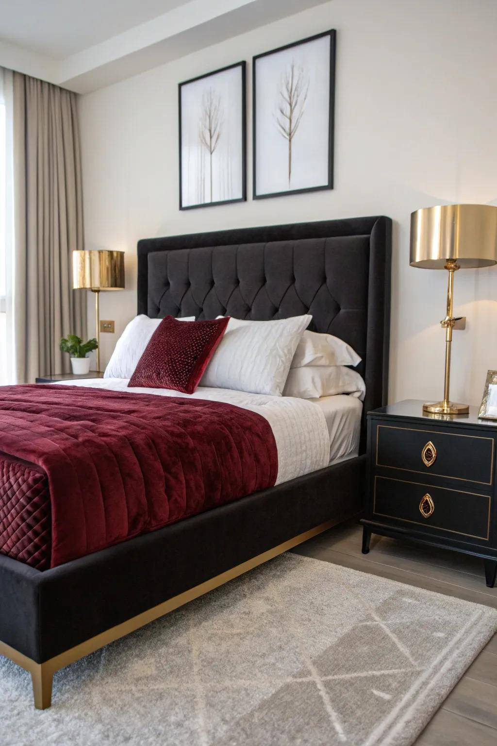 Create a focal point with black and burgundy bedding that exudes luxury and warmth.