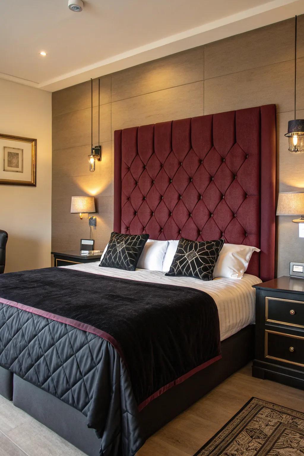 A burgundy upholstered headboard serves as a stunning focal point.