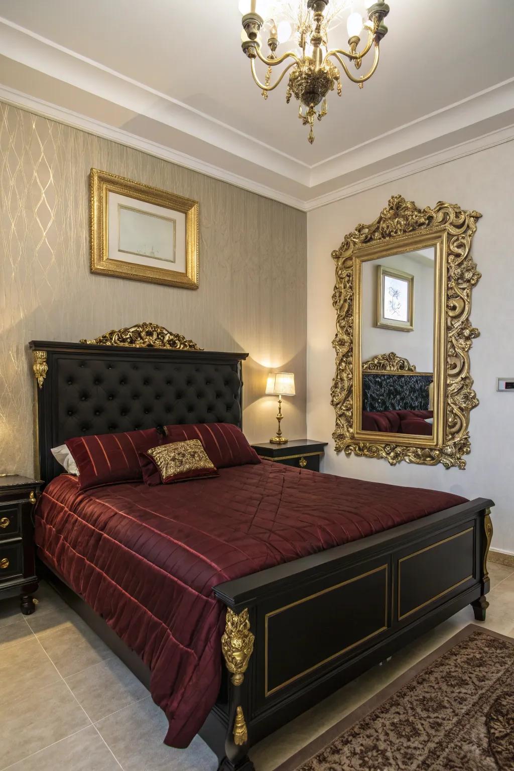 Metallic accents add a glamorous touch to your black and burgundy bedroom.