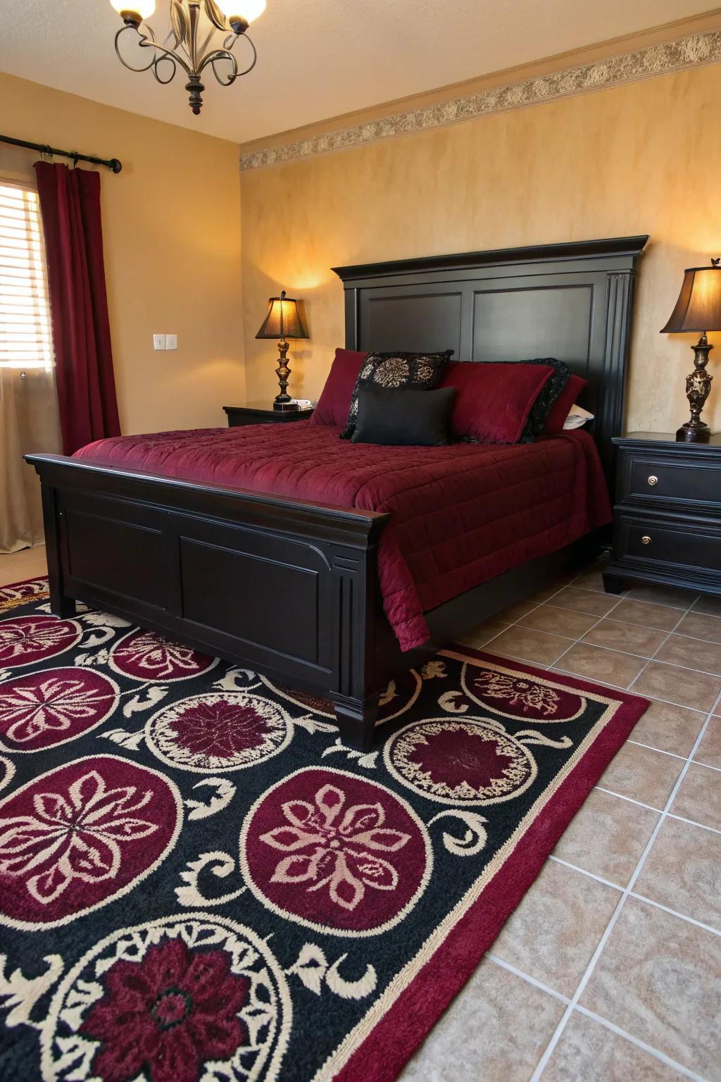 A textured rug in black and burgundy adds visual interest and ties the room together.
