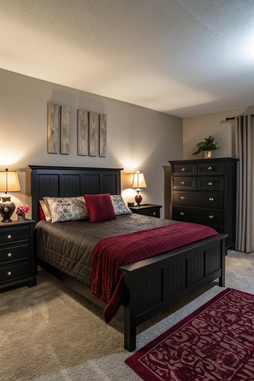 Ambient lighting enhances the warmth and richness of your black and burgundy bedroom.