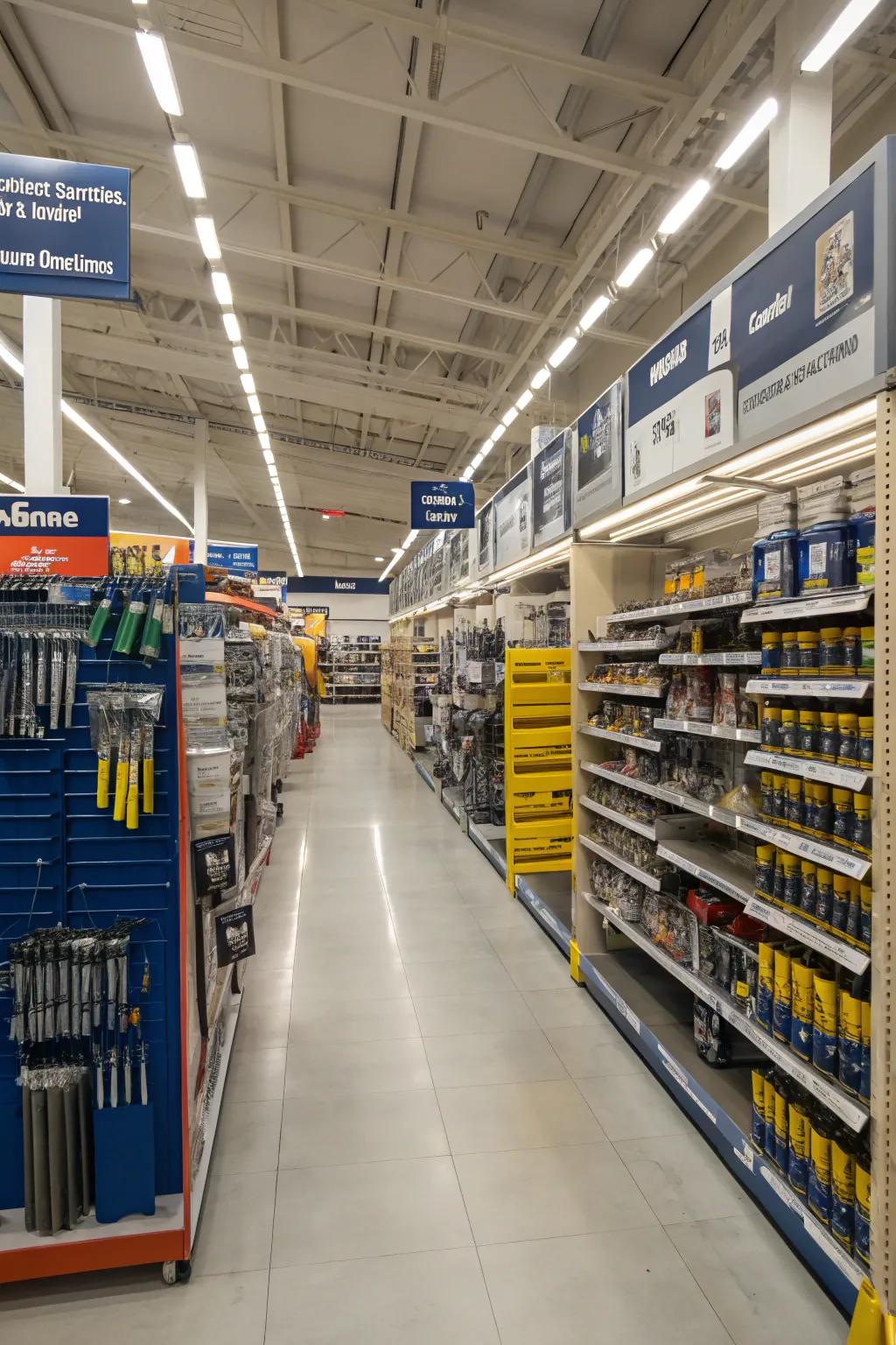 An organized store aisle with clear signage and categorized products.