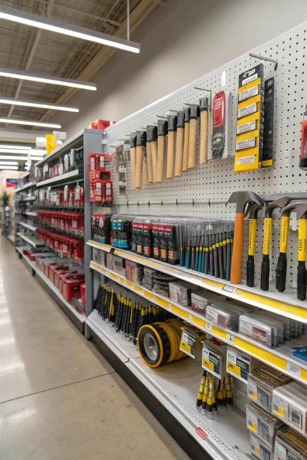 Adjustable shelving displaying an array of hardware products.