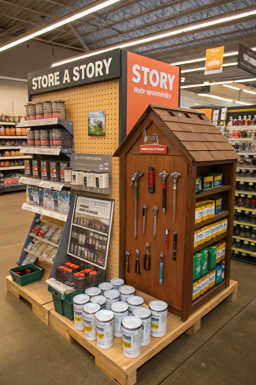A storytelling display with themed product arrangements.