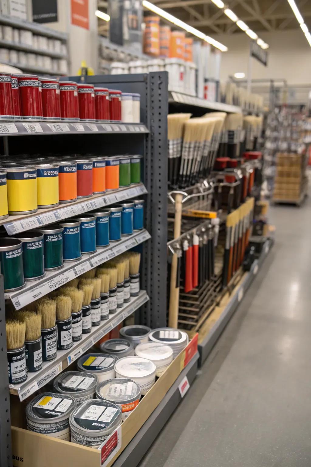 A cross-merchandised display of paint supplies and accessories.