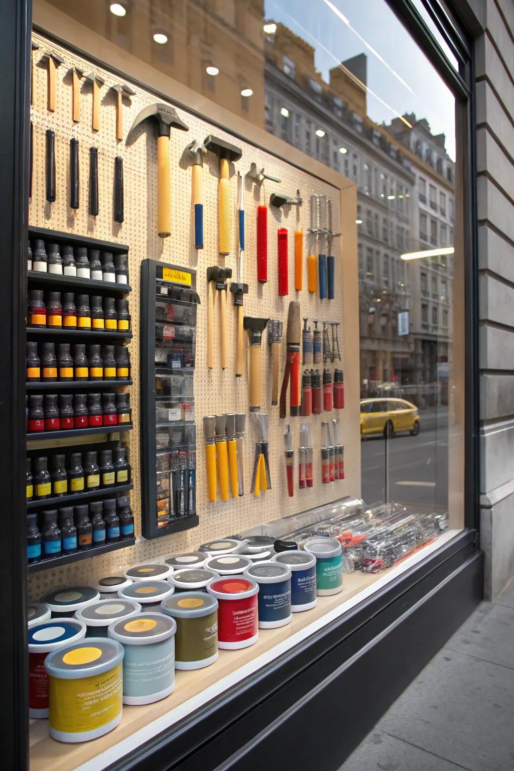 A striking window display showcasing tools and creative arrangements.