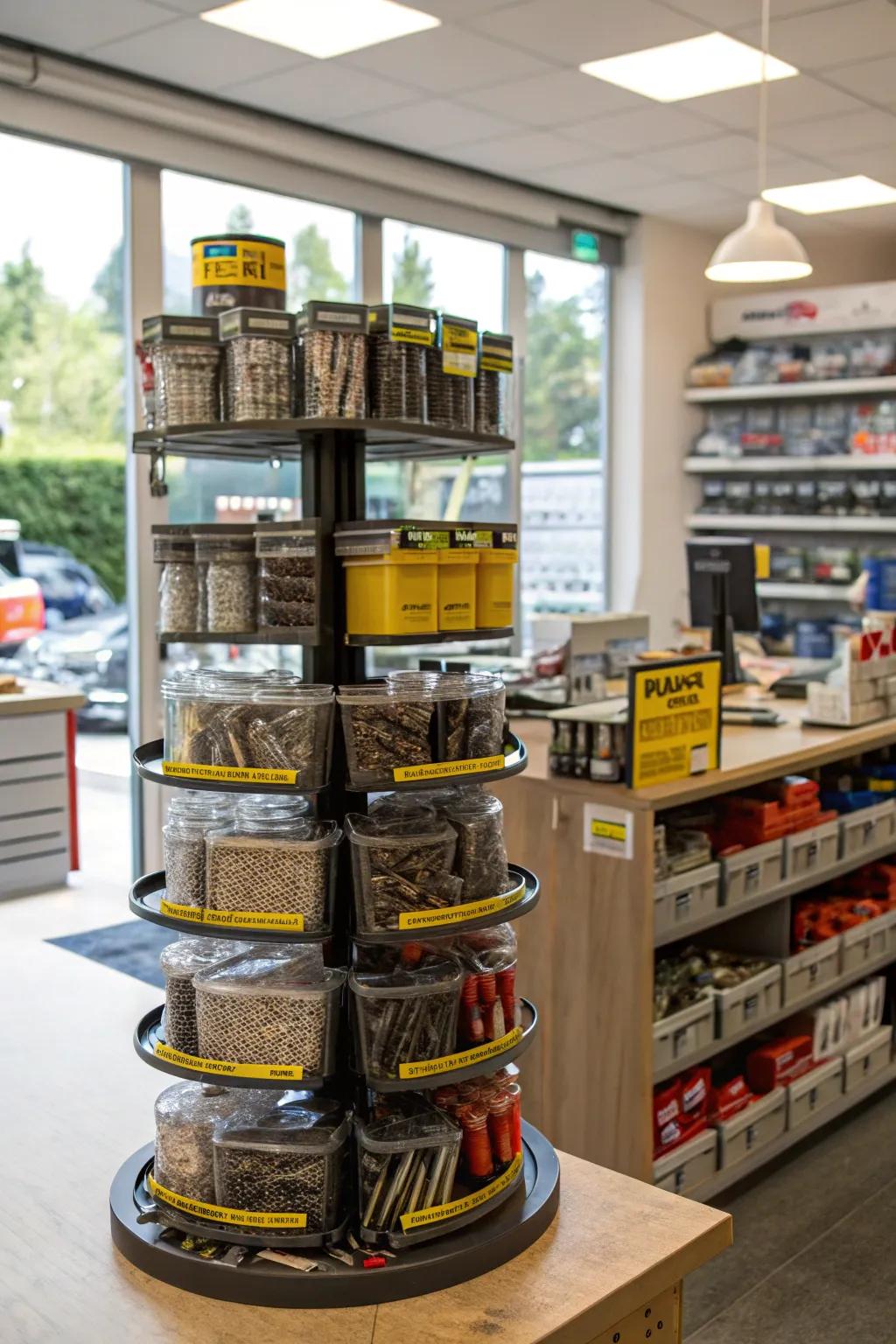 Rotating racks filled with a variety of small items and tools.