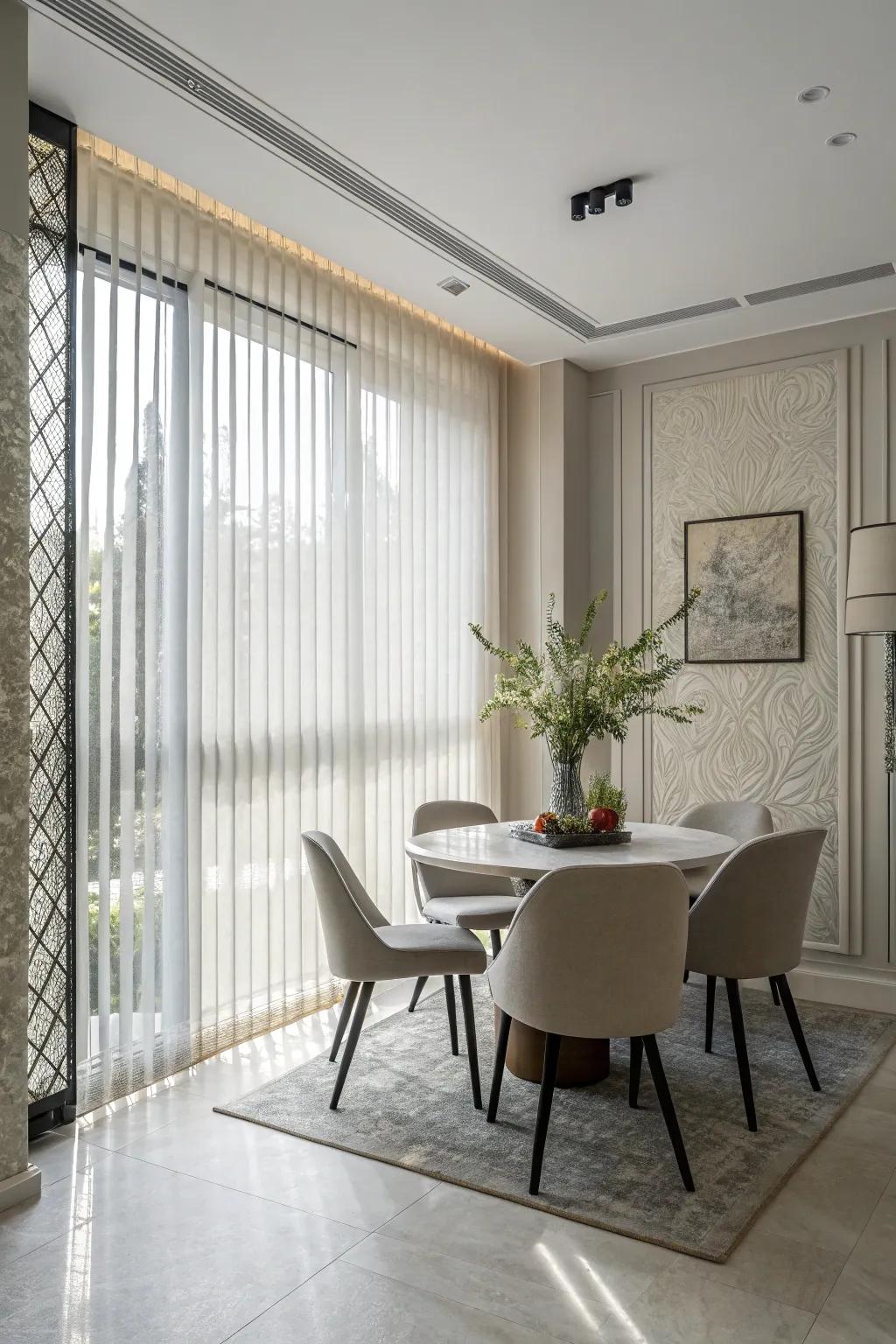 Sleek vertical blinds for modern dining rooms.