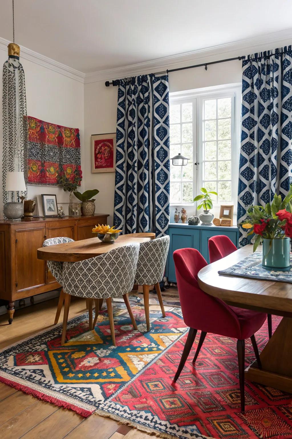 Add personality with bold patterned curtains.