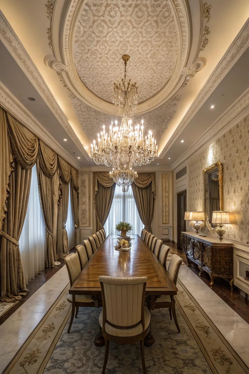 Dramatic floor-length drapes for dining rooms.