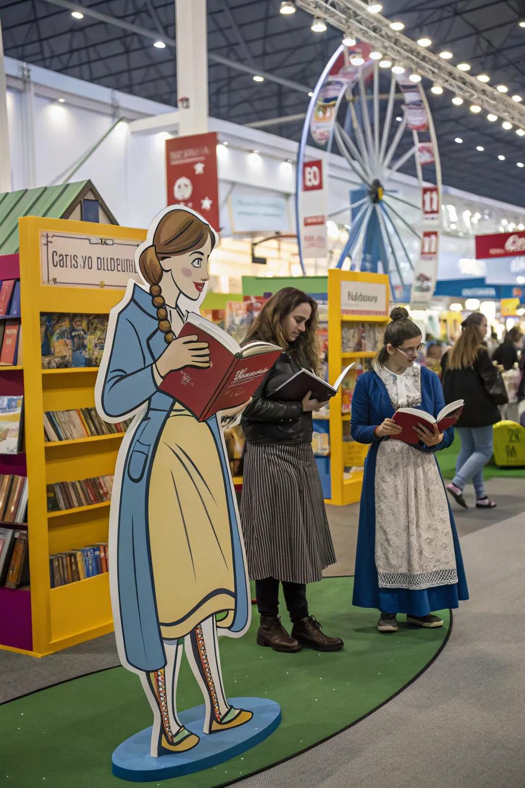 Life-sized character standees enliven the book fair atmosphere.