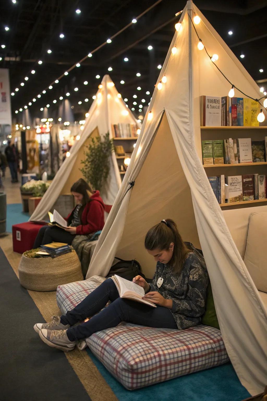 Book tents create inviting reading retreats at the fair.