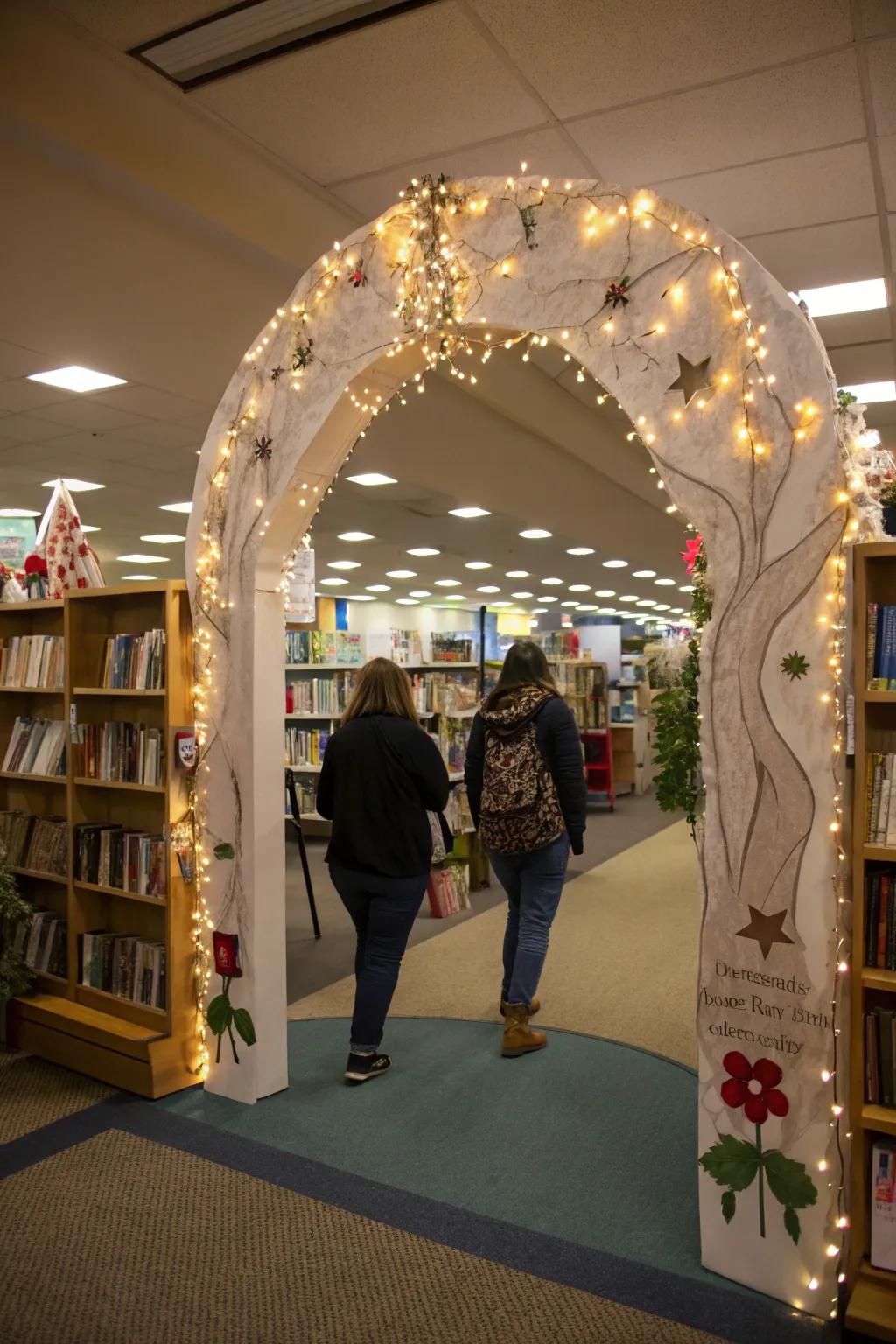 A captivating entrance with twinkling lights and creative archway.