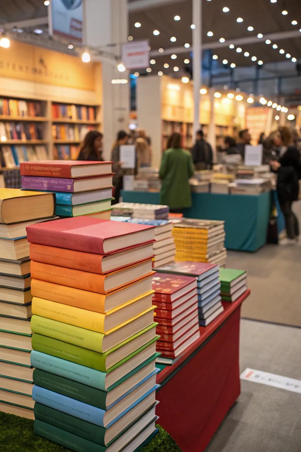 Color-coordinated book stacks enhance the fair's decor.